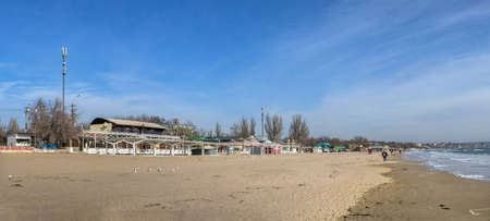 Odessa, Ukraine 07.02.2022. Sunny winter day on the Luzanivka beach in Odessa, Ukraine