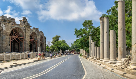 Side, Turkey 18.07.2021. Ancient city of Side in Antalya province of Turkey on a sunny summer dayのeditorial素材
