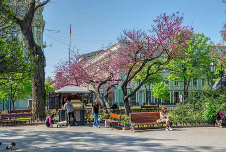 Odessa, Ukraine 06.05.2022.City garden in Odessa during the war in Ukraine on a sunny spring dayのeditorial素材