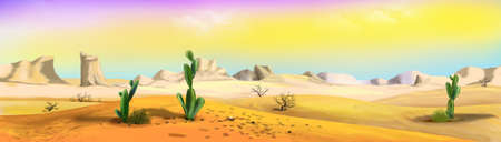 Cacti in the desert landscape on a sunny day. Digital Painting Background, Illustration.の写真素材