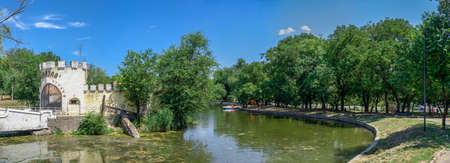 Odessa, Ukraine 06/28/2022 Abandoned building near the artificial lake in the Dyukovsky park of Odessa, Ukraine, on a sunny summer dayのeditorial素材