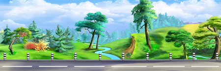 Scenic view of road passing through rural landscape on a sunny day. Digital Painting Background, Illustration.の写真素材