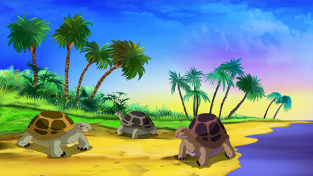 Large Turtles on a sandy tropical shore. Digital Painting Background, Illustration.の写真素材