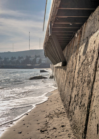 Odessa, Ukraine 02.01.2023. Abandoned beach near YUG restaurant in Odessa on a sunny winter dayのeditorial素材