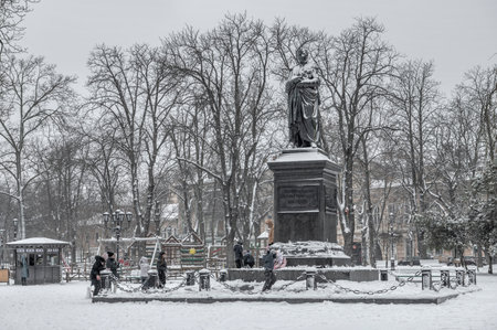 Odessa, Ukraine 29.01.2023. Monument to Count Vorontsov on the Sobornaya square in Odessa, Ukraine, on a gloomy winter dayのeditorial素材