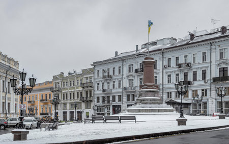 Odessa, Ukraine 29.01.2023. Catherine the Great Monument pedestal in Odessa, Ukraine, on a gloomy winter dayのeditorial素材