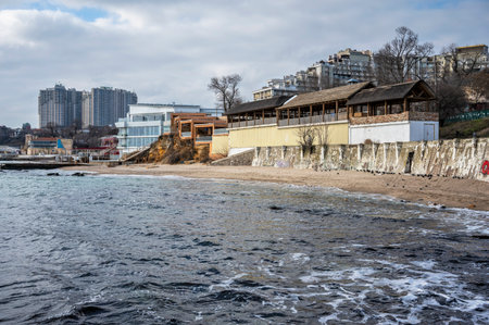 Odessa, Ukraine 07.02.2023. Arcadia city beach in Odessa, Ukraine, on a gloomy winter dayのeditorial素材