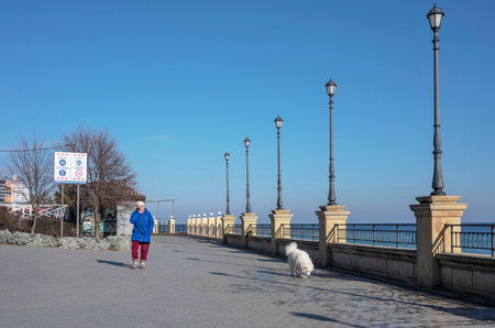 Odessa, Ukraine 10.02.2023. Golden beach promenade in Odessa on a sunny winter dayのeditorial素材