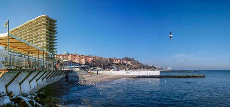 Odessa, Ukraine 10.02.2023. Golden beach in Odessa on a sunny winter dayのeditorial素材
