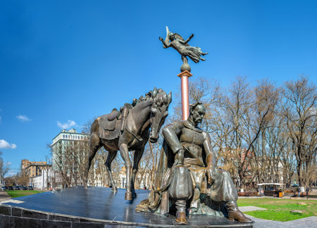 Odessa, Ukraine 31.03.2023. Monument to Ataman Golovaty on the Starobazarny Square in Odessa, Ukraine, on a sunny spring dayのeditorial素材