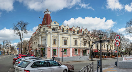 Odessa, Ukraine 31.03.2023. Historic buildings on the Deribasovskaya street in Odessa, Ukraine, on a...