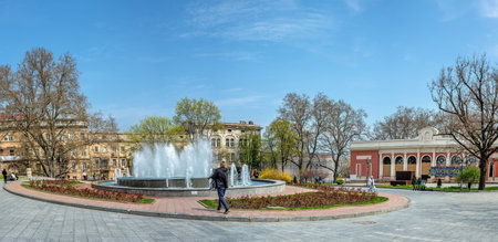 Odessa, Ukraine 15.04.2023. Fountain on the Theater Square in Odessa, Ukraine, on a sunny spring day