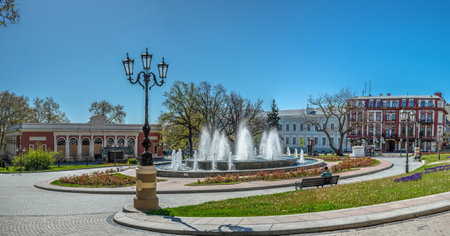 Odessa, Ukraine 02.05.2023. Fountain on the Theater Square in Odessa, Ukraine, on a sunny spring day