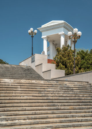 Chernomorsk, Ukraine 14.05.2023. Seaside or Primorsky stairs in Chernomorsk, Odessa region of Ukraine, on a sunny spring dayの写真素材
