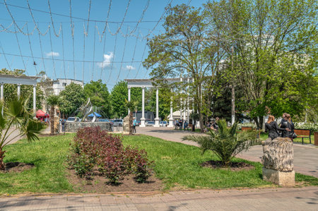Chernomorsk, Ukraine 14.05.2023. Seaside or Primorsky park in Chernomorsk, Odessa region of Ukraine, on a sunny spring dayのeditorial素材