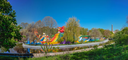 Odessa, Ukraine 05.05.2023. Playground in the Victory park in Odessa, Ukraine, on a sunny spring dayの写真素材
