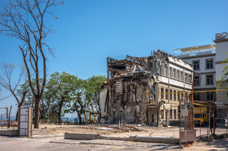 Odessa, Ukraine 07.29.2023. Office building Damaged by a Russian rocket in Odessa, Ukraine, on a sunny dayのeditorial素材