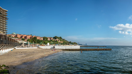Odessa, Ukraine 09/22/2023. the Golden shore beach in Odessa, Ukraine on a sunny September dayのeditorial素材