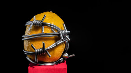 Creative still life with lemon tied with barbed wire on a black background