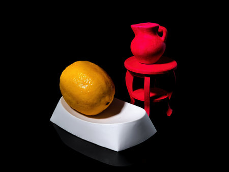 Creative still life with lemon taking a bath on a black backgroundの写真素材