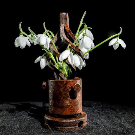 Creative still life with old rusty metal tool and white snowdrops flower on a black sand backgroundの写真素材