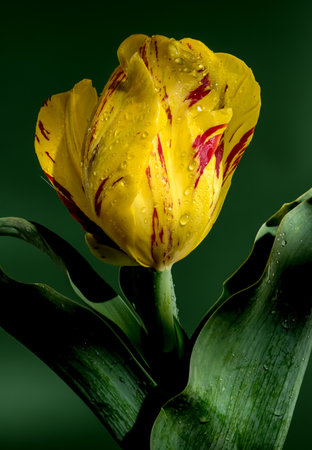 Beautiful yellow Tulip La Courtine Parrot flower on a green background. Flower head close-up.の写真素材