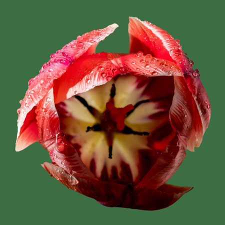 Beautiful red tulip flower on a green background. Flower head close-up.の写真素材