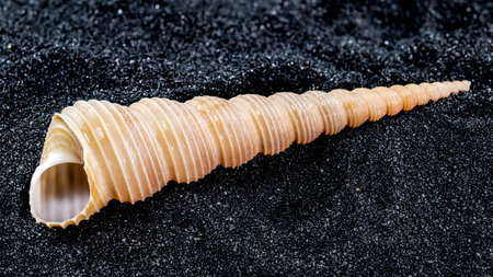Close-up of Turritella terebra sea shell on a black sand background