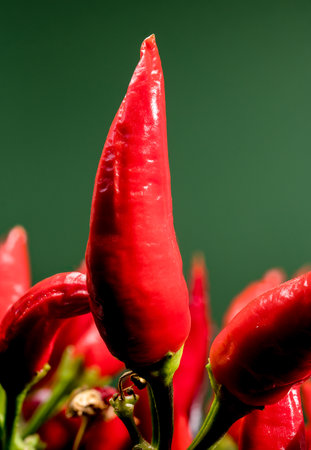 Beautiful Red Chili Peppers on a green background. Pepper head close-up.の写真素材