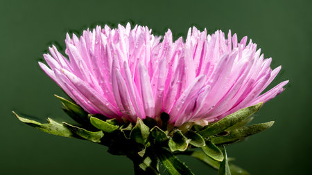Beautiful blooming pink aster Lady Coral on a green background. Flower head close-upの写真素材
