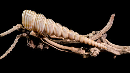A mesmerizing Turritella seashell with its elongated spiral structure and ridged texture, elegantly displayed on a natural driftwood base, set against a sleek black backgroundの写真素材