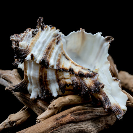 Murex indivia seashell with its intricate spiny structure rests gracefully on a piece of weathered...