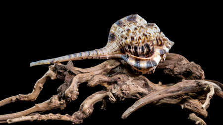 Close-up of a Murex haustellum shell resting on natural driftwood, set against a black background....