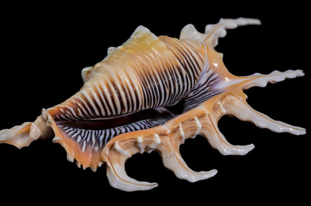 Close-up of a Scorpion Conch Shell on a solid black background. The shell features intricate ridges,...