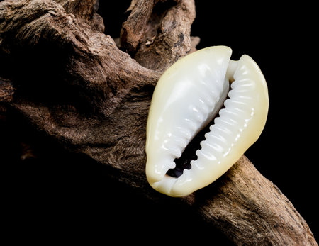 Close-up of a smooth white Naria erosa cowry shell resting on textured driftwood, captured against a...