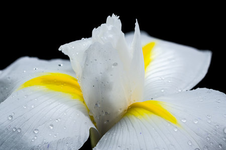 Close-up of a white iris flower with yellow accents, covered in water droplets, against a black...