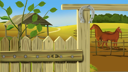 A digital painting of a rustic wooden farm gate with a horseshoe for good luck, overlooking a paddock with two brown horses. The background features rolling golden fields, a dirt path, and a shelterの写真素材