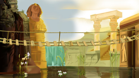 A digital painting of a mysterious ancient site with a rope bridge over dark waters, surrounded by statues, ruins, and a waterfall in the background. A blend of fantasy and adventureの写真素材