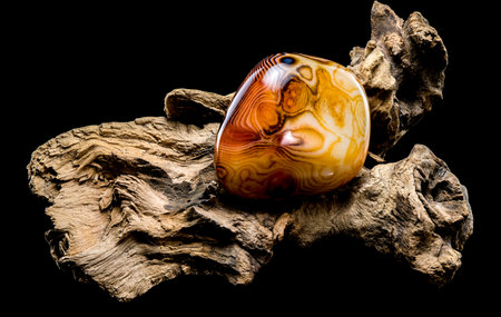 A captivating polished agate stone with swirling brown, yellow, and white bands rests elegantly on a...