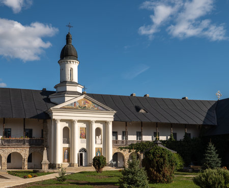 Neamt Monastery, Romania â€“ October 15.2025. Inner courtyard of the historic Neamt Monastery...