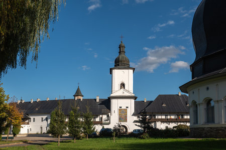 Neamt Monastery, Romania â€“ October 15.2025. The monumental entrance tower-belfry of Neamt...