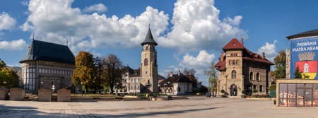 Piatra Neamt, Romania 10/16/2025. A wide panoramic shot of Piatra Neamt historic Princely Court...