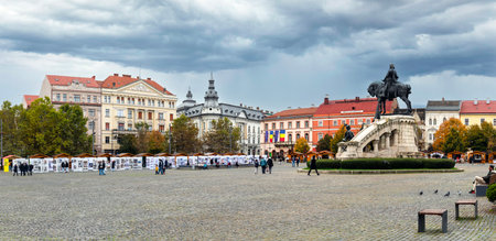 Cluj-Napoca, Romania - October 18.2025. A wide panoramic shot of the Matthias Corvinus Statuary...