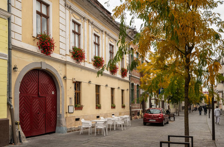 Cluj-Napoca, Romania - October 18.2025. Elegant yellow historic building facade in Cluj-Napoca featuring arched windows, decorative ornaments, and a wrought iron balconyのeditorial素材