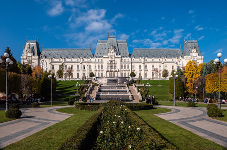 Iasi, Romania - October 23.2025. the Neo-Gothic Palace of Culture in Iasi Romania featuring the lush...