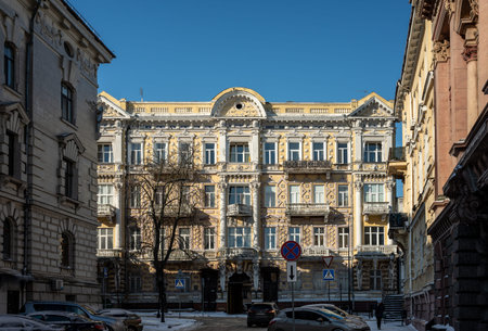 Odessa, Ukraine â February 19, 2026. Snowy winter cityscape of the UNESCO-protected historical center of Odessa, Ukraine, during the war. View of historic buildings, monuments, and local streets.のeditorial素材