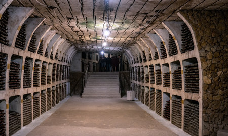 Milestii Mici, Moldova. 30.06.2026. A view of long limestone corridors filled with thousands of ancient wine bottles aging inside concrete niches of the historic underground cellars at the famous Milestii Mici winery