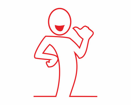 Man showing thumbs up. Vector illustration. Red line on white background.のイラスト素材