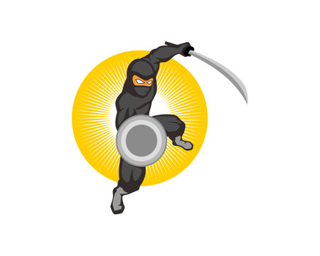Ninja Warrior with Shield and Sword Vector Icon Logo Design Template.のイラスト素材