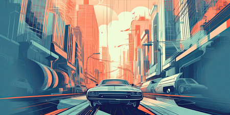 Trend illustration car in the city, interesting angle, vector style. AIの素材